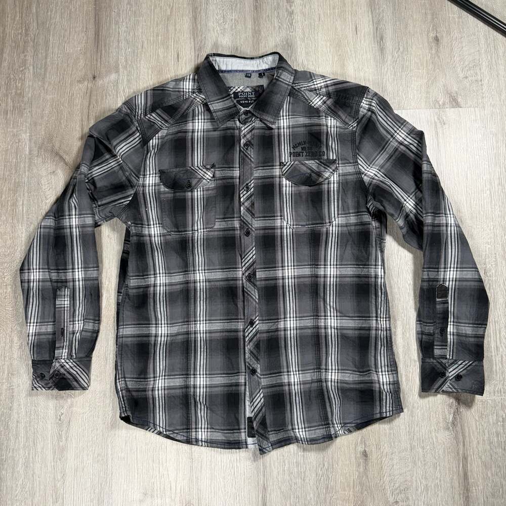 Point Zero Men's Semi Fit Y2K Plaid Long Sleeve Button-Up Shirt Large